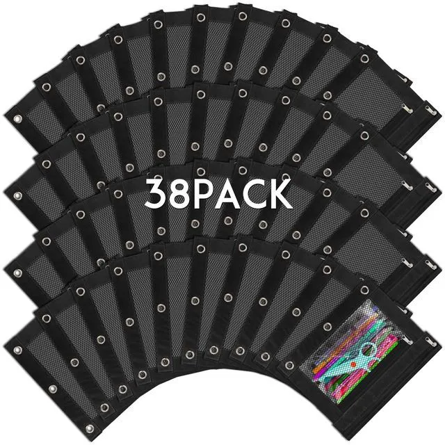 Main image of 38 Pack Black Pencil Pouch for 3 Ring Binder Pencil Bags with Zipper Pencil Pouches Pencil Bags for Classroom bulk Pencil Box Pencil Case for Storing School Students Teacher Supplies