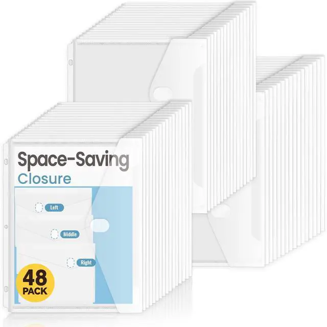Main image of 48 Pack Binder Folders Pockets with Staggered Closures, Letter Size Clear Binder Pockets for 3 Ring Binder, Space-saving Binder Organizer Sleeves, Binder Divider with Pockets, for School Office