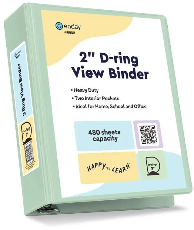 Main image of 2 Inch Binder, Green - 2 Inch 3 Ring Binder, D-Ring Pastel with Clear View Cover for Letter Size 8.5 x 11'' Paper & 2 Inside Pockets, Ideal for School Supplies, Office, and Home