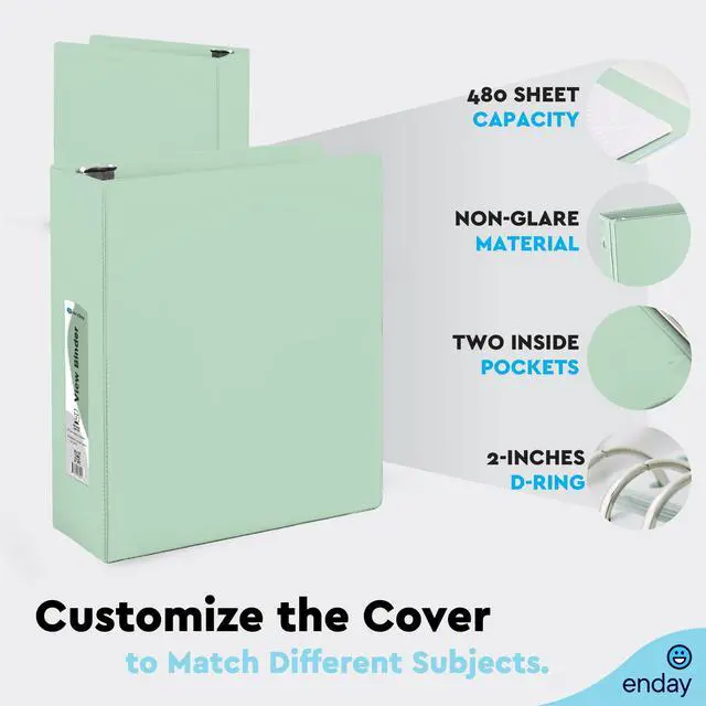 Alt view image 6 of 7 - 2 Inch Binder, Green - 2 Inch 3 Ring Binder, D-Ring Pastel with Clear View Cover for Letter Size 8.5 x 11'' Paper & 2 Inside Pockets, Ideal for School Supplies, Office, and Home