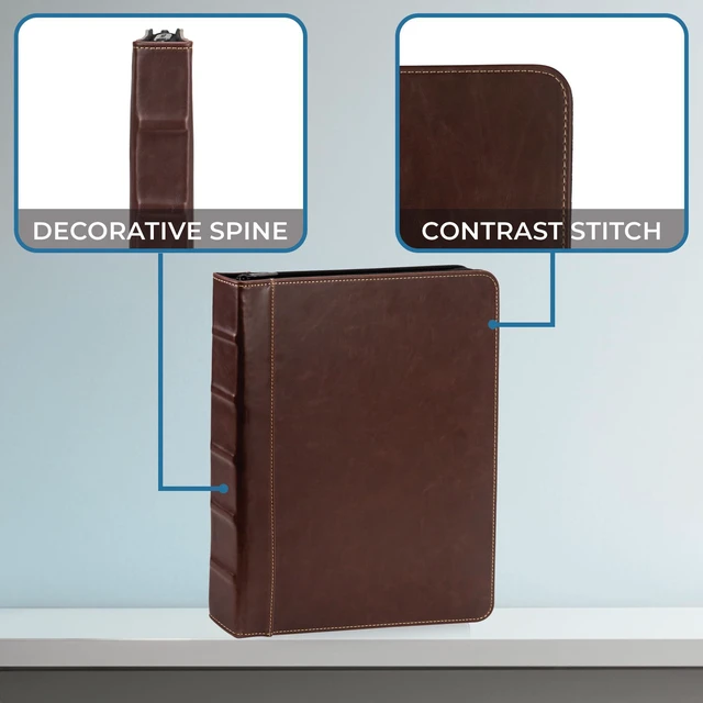 Alt view image 6 of 7 - Vintage Zippered Leather Binder, 1 Inch Round Ring, Letter Size 8.5x11 Documents, Contrast Stitching, Professional Organizer Portfolio, Planner, Brown