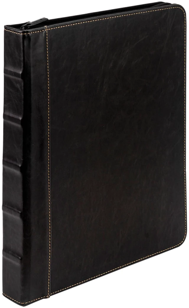 Main image of Vintage Leather Binder, Zippered, 1 Inch Round Ring, Letter Size 8.5x11 Documents, Contrast Stitching, Professional Organizer Portfolio, Planner, Black
