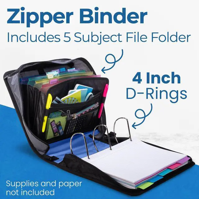 Alt view image 2 of 7 - it School Zipper Binder | 4" D-Rings | 800-Sheet | D-186 Midnight Blue King Sized Zip Tab, 5-Subject Expanding File Folder, Multiple Pockets, Storage Organizer, Shoulder Strap, Office