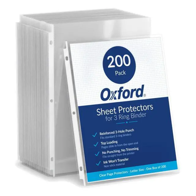 Main image of Sheet Protectors, Clear Finish, Page Protectors for 3 Ring Binder,Top Load, Letter Size Plastic Sleeves, Reinforced 3 Hole Punch for Binders, 200 per Box (33268)