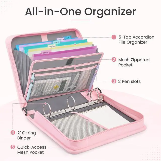 Alt view image 2 of 7 - Zipper Binder Bag, 2-Inch 3 Ring Binder with Shoulder Strap & Handle 600-Sheet Capacity, 5-Tab Accordion File Organizer, Multi-Pocket Organizer for Middle School College Supplies, Black