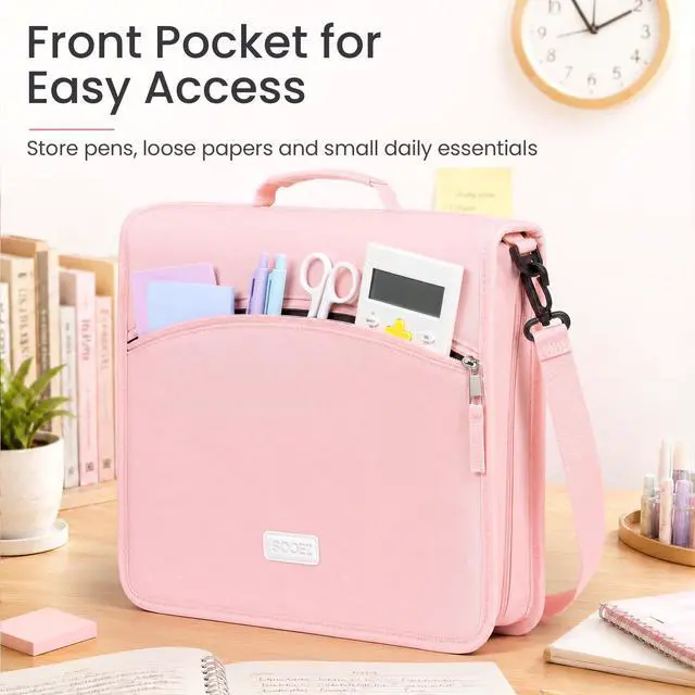 Alt view image 3 of 7 - Zipper Binder Bag, 2-Inch 3 Ring Binder with Shoulder Strap & Handle 600-Sheet Capacity, 5-Tab Accordion File Organizer, Multi-Pocket Organizer for Middle School College Supplies, Black