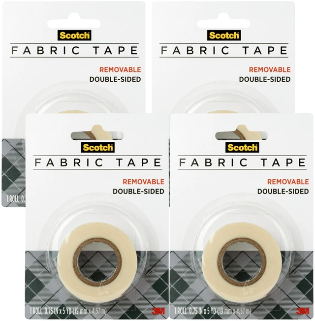 Main image of Removable Fabric Tape, 3/4 in x 180 in (15 ft), 4 Rolls Double-Sided Hemming and Fabric Repair Tape for Clothes, Crafts, Costumes, and Décor, No-Sew, Reusable, Removable and Fabric-Safe