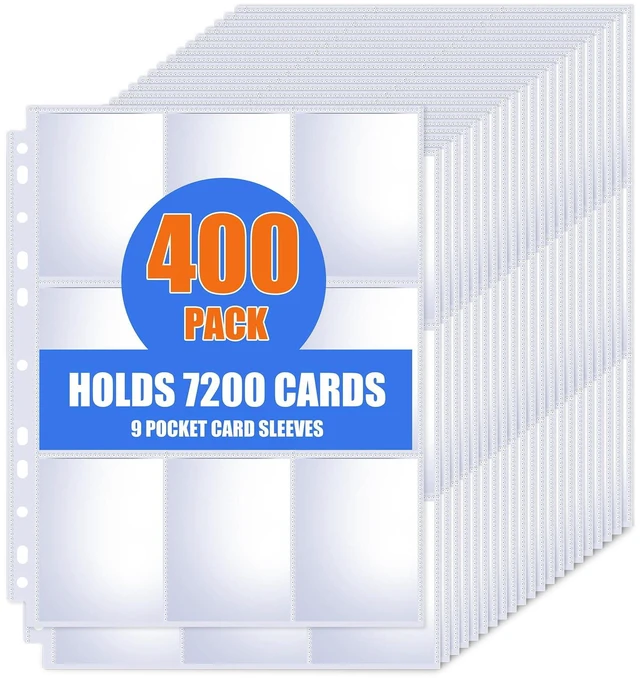 Main image of 400 Pack 9 Pocket Card Sleeves Binder Sheets, Trading Card Sleeves for 3 Ring Binder, Holds 7200 Cards, Card Holder Binder Pages Protectors Fit for MTG, TCG, Baseball, Football, Game, Business Cards