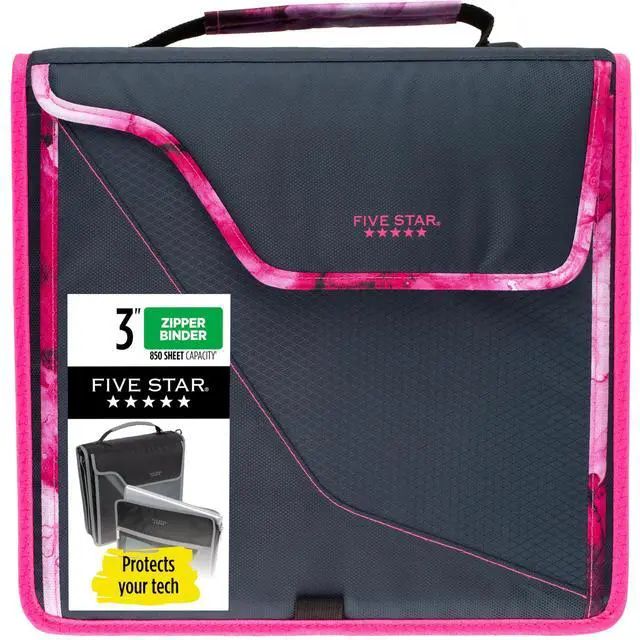 Main image of Zipper Binder, 3 Inch 3-Ring Binder with D Rings, Removable Padded Case, 5-Tab Expanding File and Multi-Use Strap, 850 Sheet Capacity, Navy/Pink (292960D)