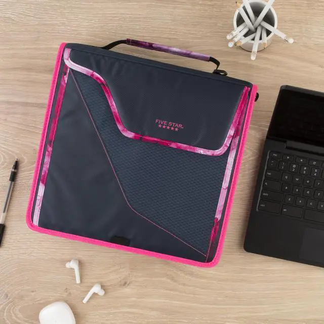 Alt view image 7 of 7 - Zipper Binder, 3 Inch 3-Ring Binder with D Rings, Removable Padded Case, 5-Tab Expanding File and Multi-Use Strap, 850 Sheet Capacity, Navy/Pink (292960D)