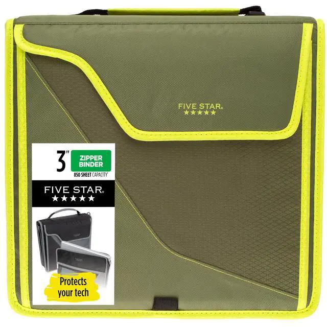 Main image of Zipper Binder, 3 Inch 3-Ring Binder with D Rings, Removable Padded Case, 5-Tab Expanding File and Multi-Use Strap, 850 Sheet Capacity, Olive/Citrus (292960C)