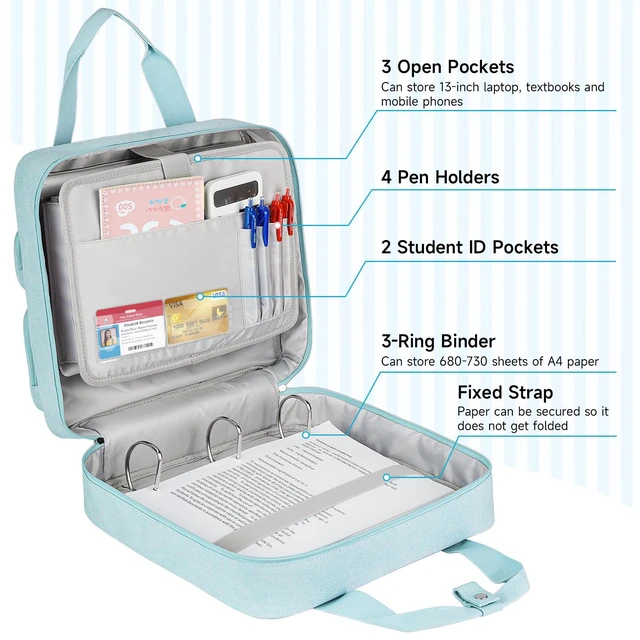 Alt view image 4 of 7 - Zipper Binder 3 Ring, 700 Sheets Capacity, Binder 3 Inch with Shoulder Strap Fits 13 Inch Laptop for School and Office,Blue