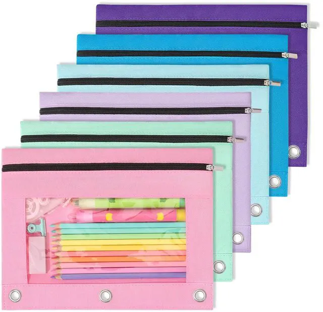 Main image of Pencil Pouch for 3-Ring Binder, Large Pencil Case with 3 Reinforced Grommets, Zipper Pencil Pouch, Clear Window Pencil Case, Binder Accessories, 6 Assorted Colors, 6 Pack