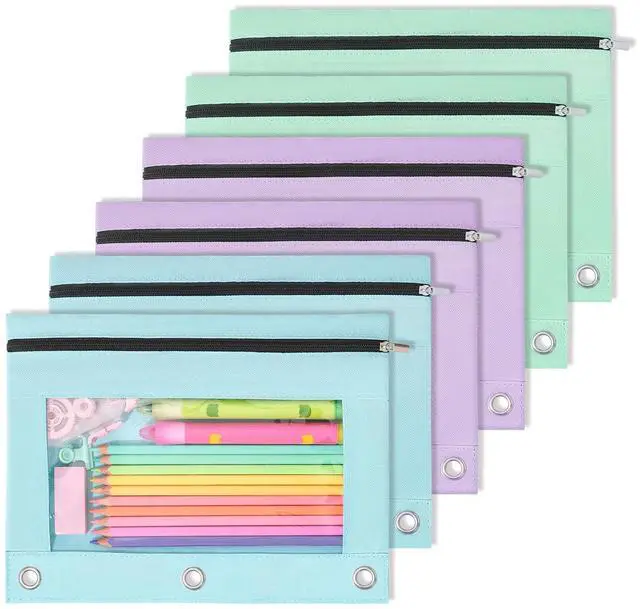 Main image of Pencil Pouch for 3 Ring Binder, 6 Pack Zipper Binder Pouches, 2 Light Blue, 2 Light Purple & 2 Light Green, Pencil Bag Organizer for School Supplies, Students & Office Use