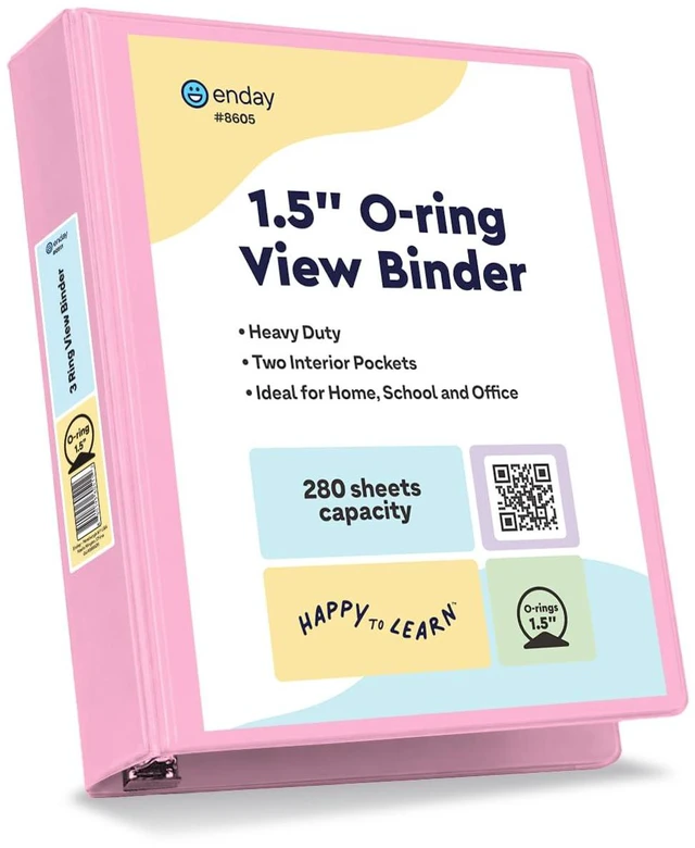 Main image of 1.5 Inch Binder, Pink - 1.5 Inch 3 Ring Binder, Round Ring Pastel with Clear View Cover for Letter Size 8.5 x 11'' Paper & 2 Inside Pockets, Ideal for School Supplies, Office, and Home