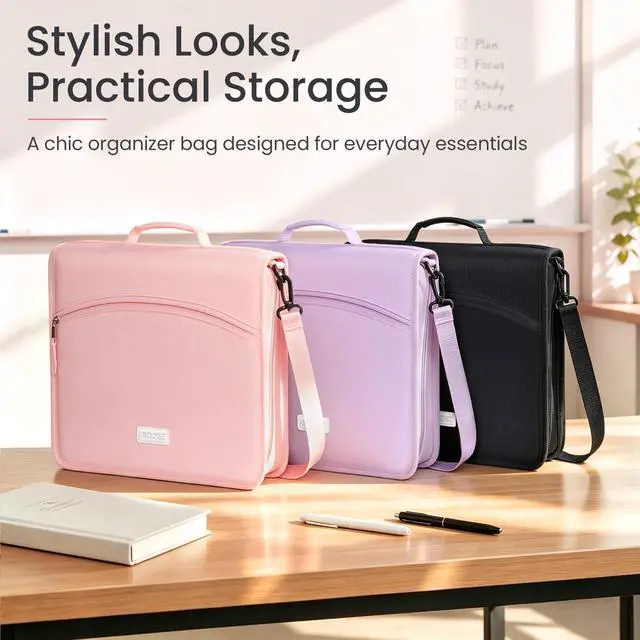 Alt view image 7 of 7 - Zipper Binder Bag, 2-Inch 3 Ring Binder with Shoulder Strap & Handle 600-Sheet Capacity, 5-Tab Accordion File Organizer, Multi-Pocket Organizer for Middle School College Supplies, Black