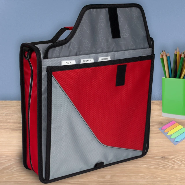 Alt view image 4 of 7 - Zipper Binder, 3-Inch D-Ring Case Binder, 850-Sheet Capacity, Multiple Pockets, Front 5-Tab Expanding File, Removable Padded Case and Shoulder Strap, Crimson Fade (292960K)