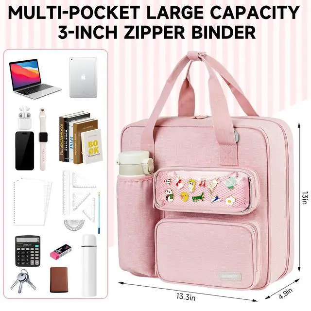 Alt view image 7 of 7 - Zipper Binder 3 Ring with Ita Window,700 Sheets Capacity, Binder 3 Inch with Shoulder Strap Fits 13 Inch Laptop for School and Office,Pink