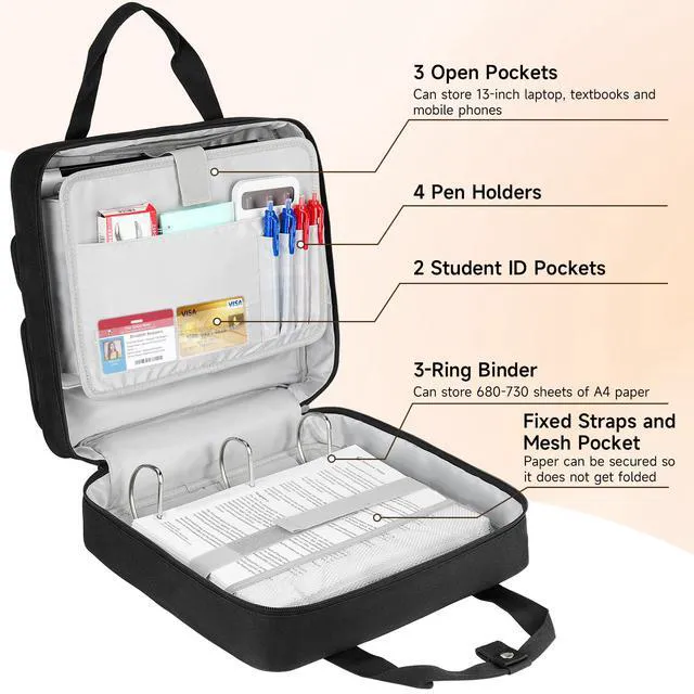 Alt view image 5 of 7 - Zipper Binder 3 Ring with Ita Window,700 Sheets Capacity, Binder 3 Inch with Shoulder Strap Fits 13 Inch Laptop for School and Office,Black