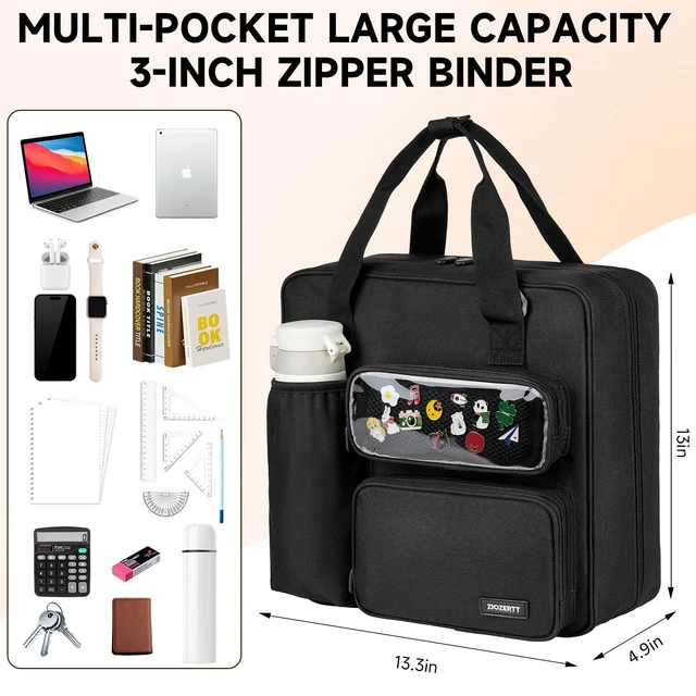 Alt view image 7 of 7 - Zipper Binder 3 Ring with Ita Window,700 Sheets Capacity, Binder 3 Inch with Shoulder Strap Fits 13 Inch Laptop for School and Office,Black