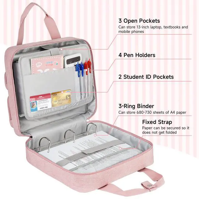 Alt view image 5 of 7 - Zipper Binder 3 Ring with Ita Window,700 Sheets Capacity, Binder 3 Inch with Shoulder Strap Fits 13 Inch Laptop for School and Office,Pink