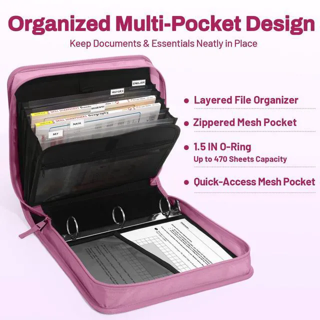 Alt view image 4 of 7 - Zipper Binder with Handle, 1.5 Inch O-Ring, 325 Pages Capacity, with 5-Tab Expanding File Folder for Classified Storage, Small Size Lightweight Zipper Bag for Middle School Students, Grape Purple