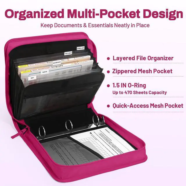 Alt view image 4 of 7 - Zipper Binder with Handle, 1.5 Inch O-Ring, 325 Pages Capacity, with 5-Tab Expanding File Folder for Classified Storage, Small Size Lightweight Zipper Bag for Middle School Students, Berry Pink