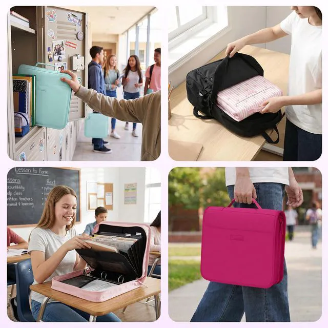 Alt view image 7 of 7 - Zipper Binder with Handle, 1.5 Inch O-Ring, 325 Pages Capacity, with 5-Tab Expanding File Folder for Classified Storage, Small Size Lightweight Zipper Bag for Middle School Students, Berry Pink
