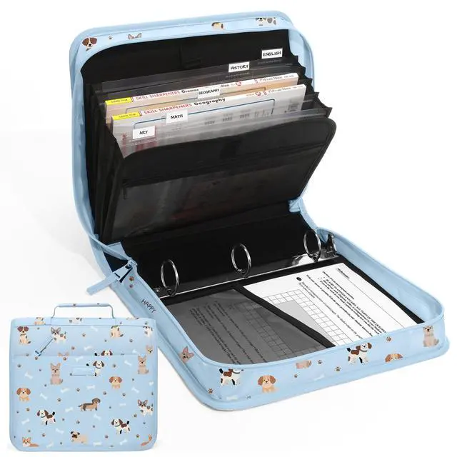 Main image of Zipper Binder with Handle, 1.5 Inch O-Ring, 325 Pages Capacity, with 5-Tab Expanding File Folder for Classified Storage, Small Size Lightweight Zipper Bag for Middle School Students, Blue Dog