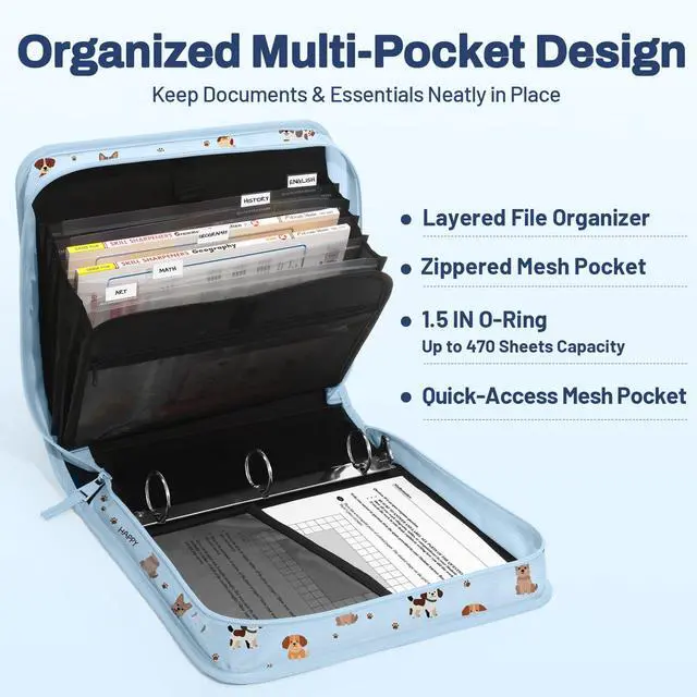 Alt view image 4 of 7 - Zipper Binder with Handle, 1.5 Inch O-Ring, 325 Pages Capacity, with 5-Tab Expanding File Folder for Classified Storage, Small Size Lightweight Zipper Bag for Middle School Students, Blue Dog