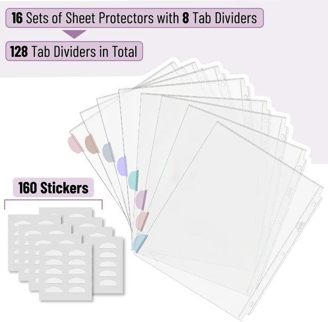 Alt view image 2 of 7 - Clear Sheet Protectors with Tabs, 8.5x11 Inches, 8 Tabs, 16 Sets | Durable Clear Plastic Dividers for 3 Ring Binders, Insertable Index Page Divider with Multicolor Tabs