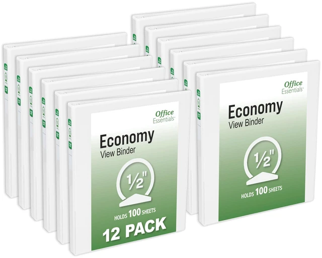 Main image of Economy View 3 Ring Binders, 0.5" Round Rings, 0.7" Spine, 100-Sheet Capacity, White Binders (12-Pack of 03422)