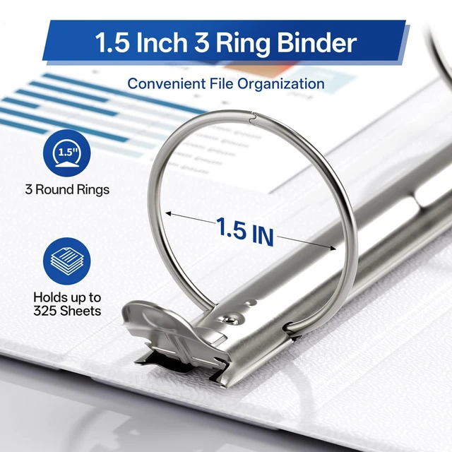 Alt view image 3 of 7 - 1.5 Inch 3 Ring Binders Economy 10 Packs White, 1 1/2" Three Ring (Fits 325 Sheets of 8.5x11 Paper) Clear View PVC-Free & Non-Stick for School or Office Supplies