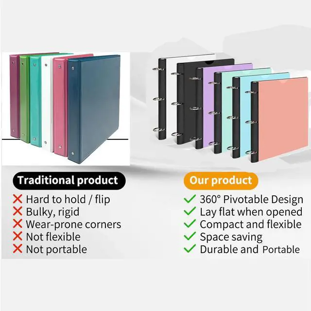 Alt view image 5 of 7 - 12 Pcs 360° Pivotable 3 Ring Binder, Soft 1 inch Binders 3 Ring, Flexible Thin Soft Three Ring Binder Fits 8.5" x 11", for Home, School and Office-Black, White, Blue, Green, Pink, Purple