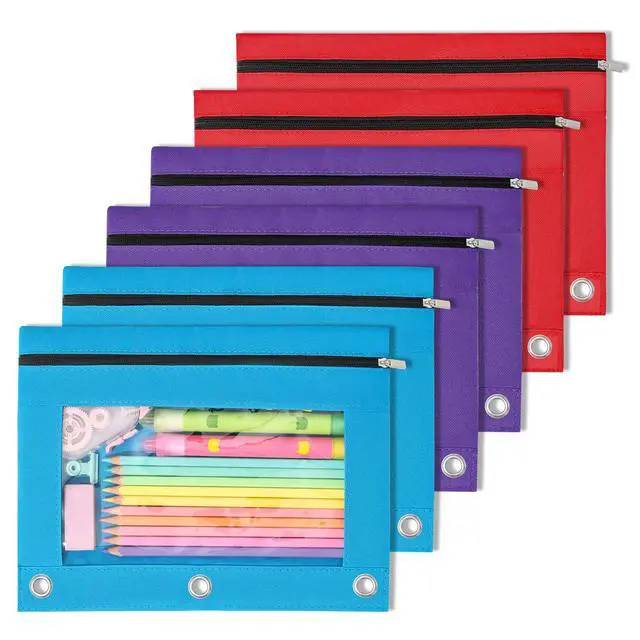 Main image of Pencil Pouch for 3 Ring Binder, 6 Pack Zipper Binder Pouches in Classic Colors, 2 Blue, 2 Purple & 2 Red, Pencil Bag Organizer for School Supplies, Students & Office Use