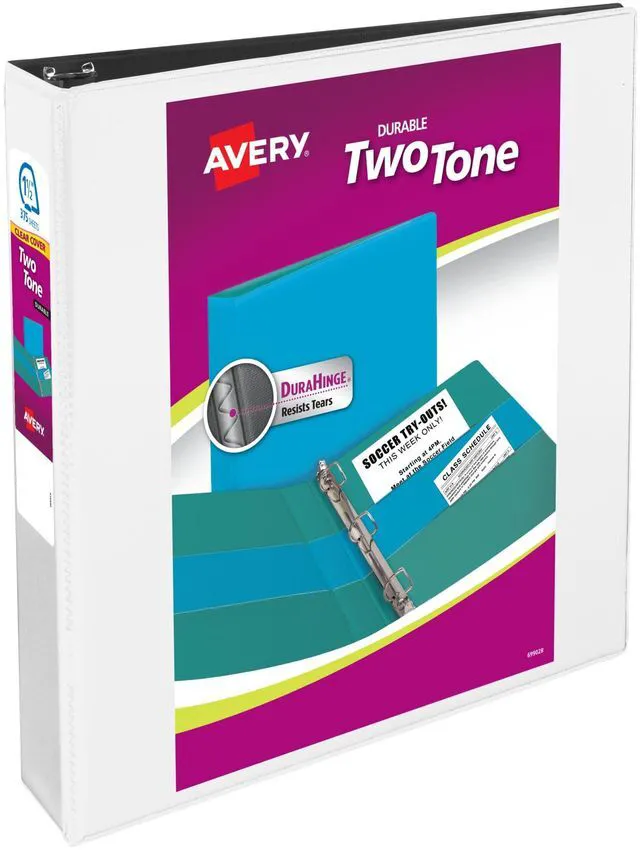 Main image of ® Two-Tone 3 Ring Binder, 1.5" Slant Rings, 1 White/Black Binder For School, Home and Office Organization, Clear Overlays, DuraHinge Tear-Resistant Spine, DuraEdge Split-Resistant Edges