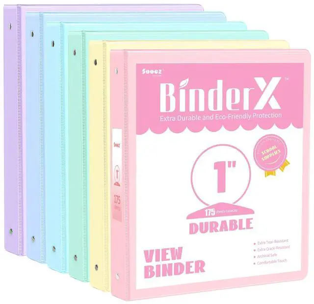 Main image of 3 Ring Binders 1 Inch 6 Pack, 1" Three Ring Binder with Pockets Extra Durable, Eco-Friendly, PVC-Free, Reinforced Hinge, 1050-Sheet Capacity, Interior Pockets, Customizable, School, Office
