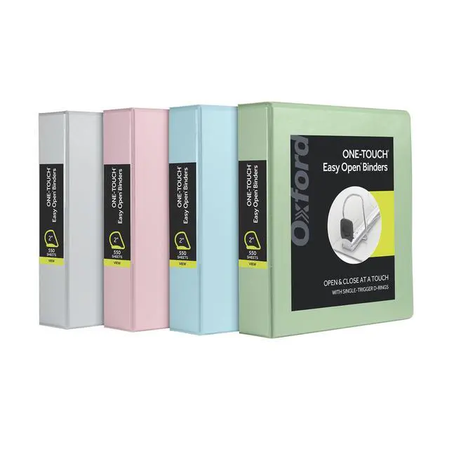 Main image of 3 Ring Binders, 2 inch ONE-Touch Easy Open D Rings, 3-Sided View Binder Covers, Binders for School, Xtralife Hinge, Non-Stick, PVC-Free, Natural Pastel, 530-Sheet Capacity, 4 Pack (79923)