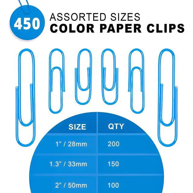 Alt view image 2 of 7 - 450 Blue Color Paper Clips Assorted Sizes Small, Medium and Large Paper Clips for Paperwork Ideal for Home, School and Office Use (Assorted, Blue)
