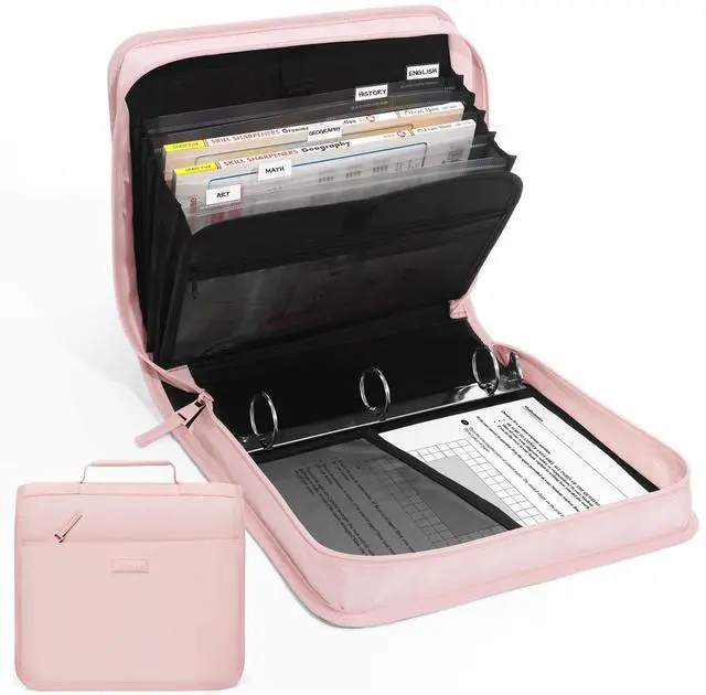 Main image of Zipper Binder with Handle, 1.5 Inch O-Ring, 325 Pages Capacity, with 5-Tab Expanding File Folder for Classified Storage, Small Size Lightweight Zipper Bag for Middle School Students, Pink Lotus