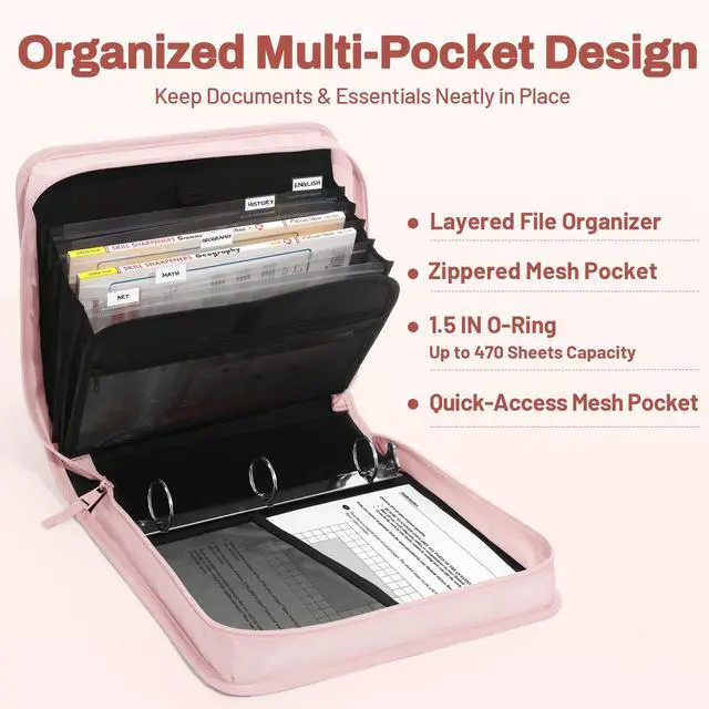 Alt view image 4 of 7 - Zipper Binder with Handle, 1.5 Inch O-Ring, 325 Pages Capacity, with 5-Tab Expanding File Folder for Classified Storage, Small Size Lightweight Zipper Bag for Middle School Students, Pink Lotus