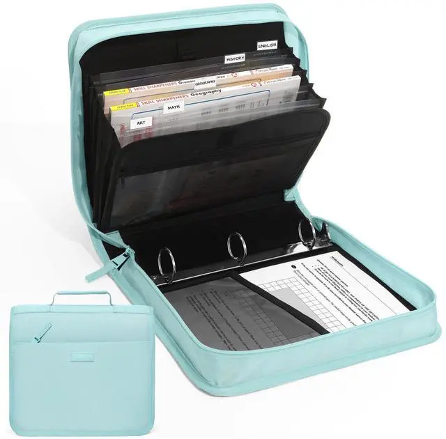 Main image of Zipper Binder with Handle, 1.5 Inch O-Ring, 325 Pages Capacity, with 5-Tab Expanding File Folder for Classified Storage, Small Size Lightweight Zipper Bag, Sky Blue