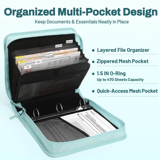 Alt view image 4 of 7 - Zipper Binder with Handle, 1.5 Inch O-Ring, 325 Pages Capacity, with 5-Tab Expanding File Folder for Classified Storage, Small Size Lightweight Zipper Bag, Sky Blue