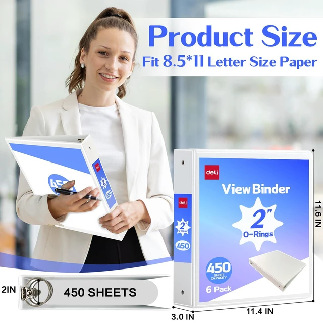 Alt view image 2 of 7 - 2-inch 3 Ring Binder 6 Pack,11" x 8.5" US Letter Size,White 2 inch Binders with 2 Interior Pockets, 450 Sheets Capacity