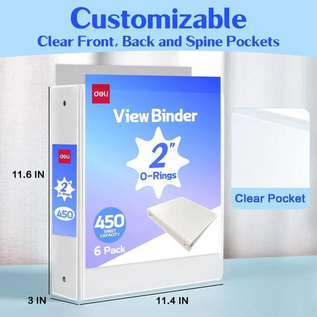 Alt view image 3 of 7 - 2-inch 3 Ring Binder 6 Pack,11" x 8.5" US Letter Size,White 2 inch Binders with 2 Interior Pockets, 450 Sheets Capacity