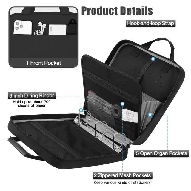 Alt view image 3 of 7 - Zipper Binder, 3 Inch 3 D Ring, 5 Tab File Folders, 700 Sheets, Black Water-repellent 900D Oxford fabric with 5 folders, 2 mesh pocket, reinforced handle and adjustable shoulder strap