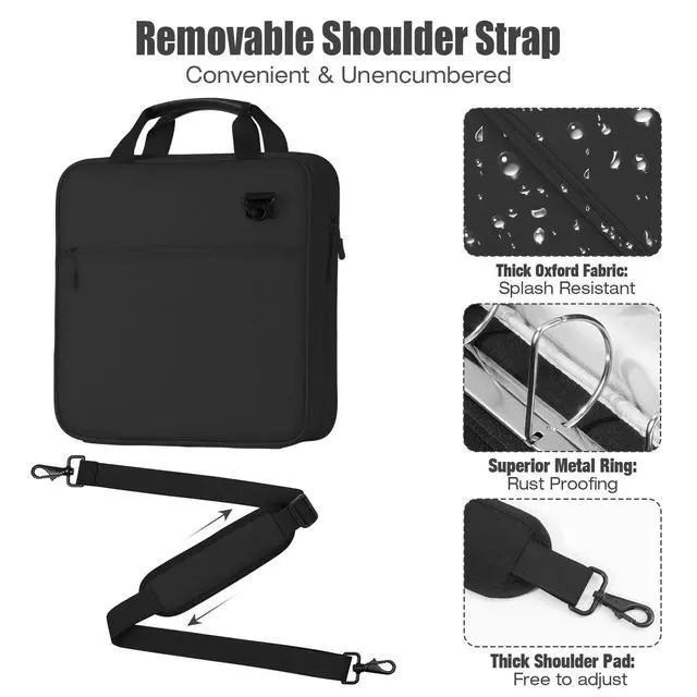 Alt view image 4 of 7 - Zipper Binder, 3 Inch 3 D Ring, 5 Tab File Folders, 700 Sheets, Black Water-repellent 900D Oxford fabric with 5 folders, 2 mesh pocket, reinforced handle and adjustable shoulder strap