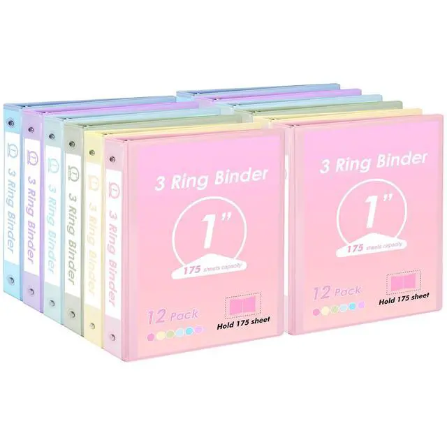 Main image of 1 inch 3-Ring Binder 12 Pack Assorted Pastel Color with 2 Pockets Inside, Fits 11 x 8.5 Inch Paper with 175 Sheets Capacity, for Office, Home, School Project