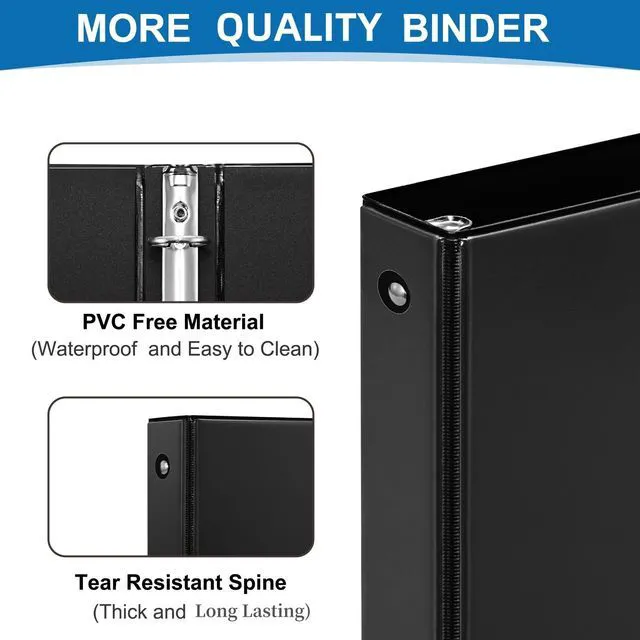 Alt view image 4 of 7 - 1 Inch Black 3 Ring Binders 12 Pack, PVC-Free Clear View Binder with 2 Interior Pockets, Holds 200 Sheets of 8.5" x 11" Paper for Office, Business Presentations, Projects & Home Organization