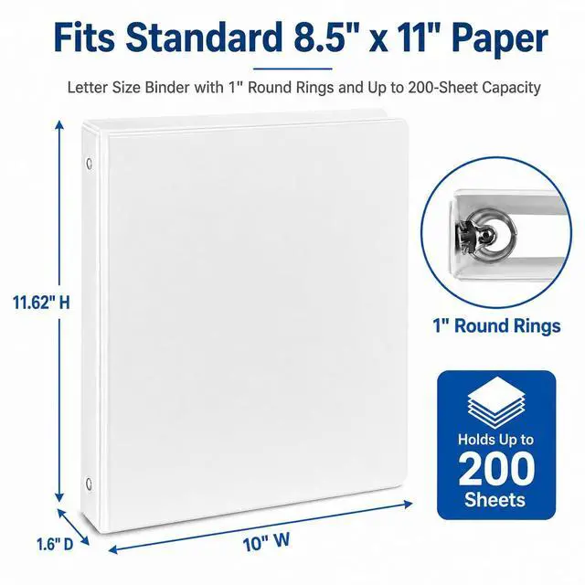 Alt view image 3 of 7 - Durable 1 inch 3-Ring Binder, 1" Round Ring Binders with 2 Inside Pockets, Basic 1 in Binders, PVC- Free, Clear View Cover 1-inch-Binder Holds 8.5'' x 11''Paper for Office/School/Home12 Pack, White